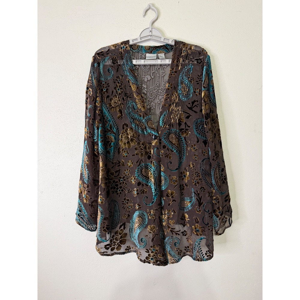 Chicos Silk Blend Burnout Velvet Paisley Blouse Brown Teal Sheer Cadigan Size 2